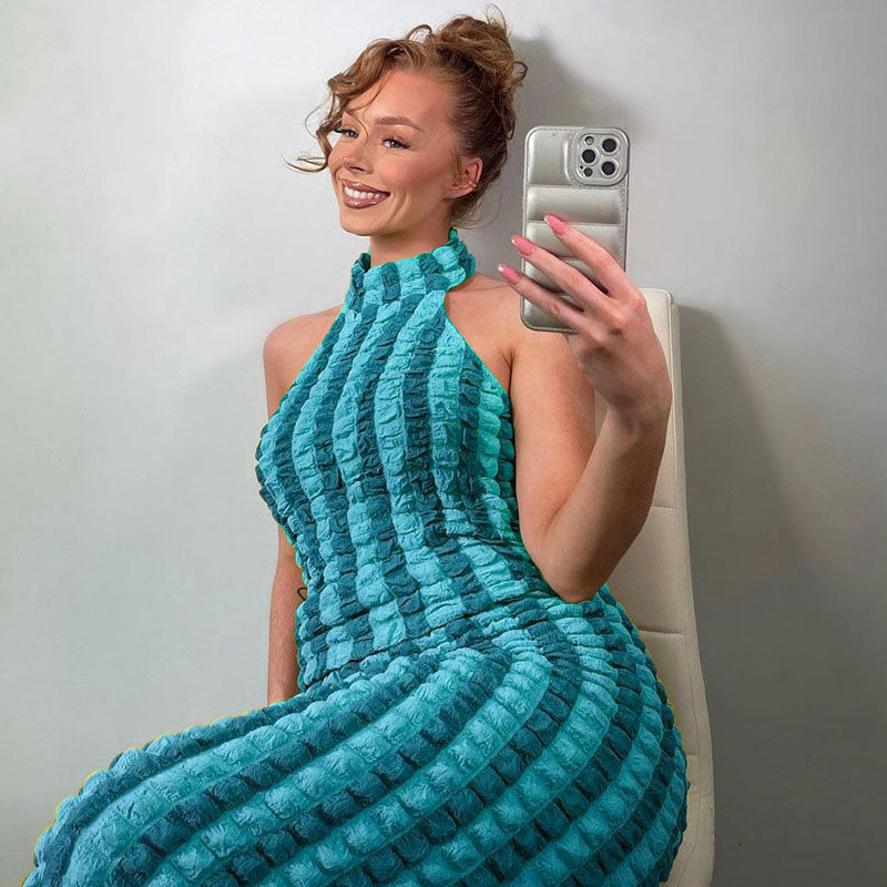 Blue High Neck Sleeveless Textured Popcorn Stripe Bodycon Maxi Dress