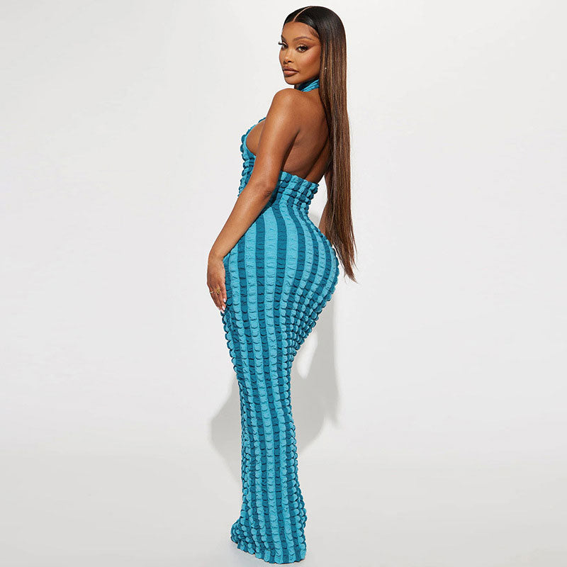 Blue High Neck Sleeveless Textured Popcorn Stripe Bodycon Maxi Dress