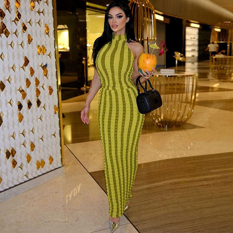 Green High Neck Sleeveless Textured Popcorn Stripe Bodycon Maxi Dress