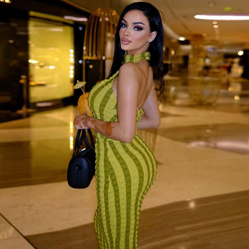 Green High Neck Sleeveless Textured Popcorn Stripe Bodycon Maxi Dress