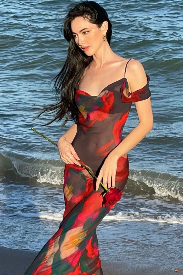 Red Cold Shoulder Strap Sheer Chiffon Floral Print Mermaid Maxi Dress