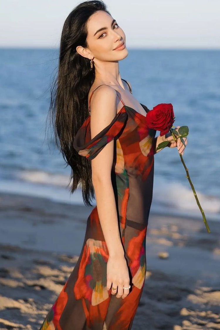 Red Cold Shoulder Strap Sheer Chiffon Floral Print Mermaid Maxi Dress