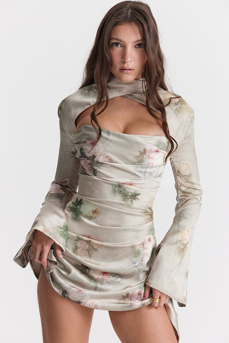 Floral High Neck Cutout Long Sleeve Floral Satin Ruched Bodycon Mini Dress
