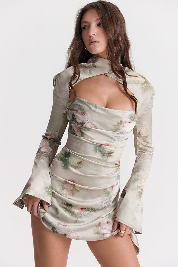 Printed High Neck Cutout Draped Long Sleeve Satin Mini Dress - Floral