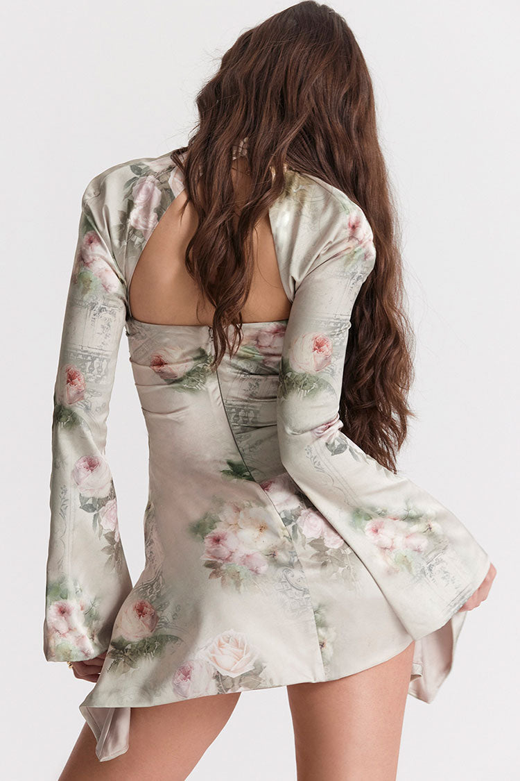 Floral High Neck Cutout Long Sleeve Floral Satin Ruched Bodycon Mini Dress