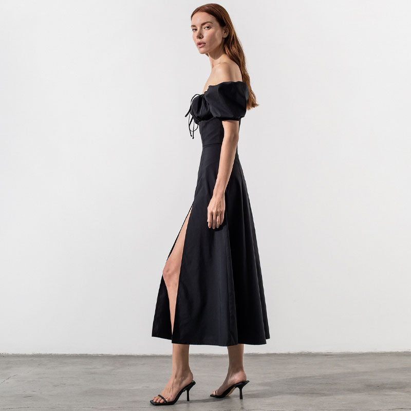 Black Off-Shoulder Puff Sleeve Tie Front High Slit A-Line Midi Dress