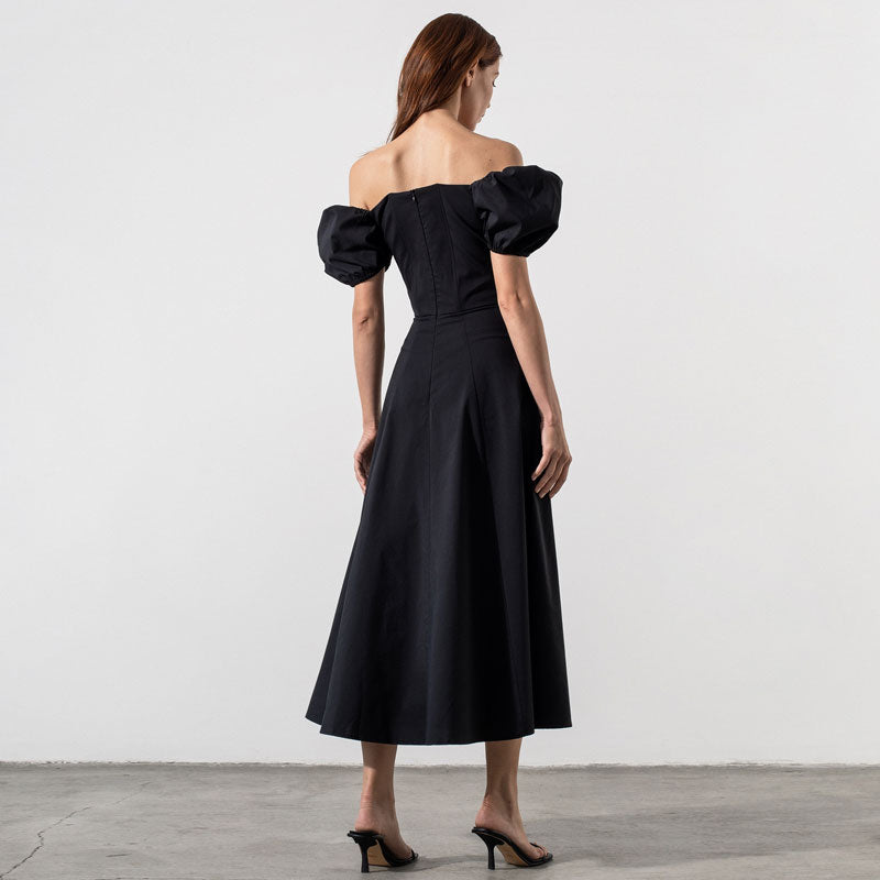Black Off-Shoulder Puff Sleeve Tie Front High Slit A-Line Midi Dress