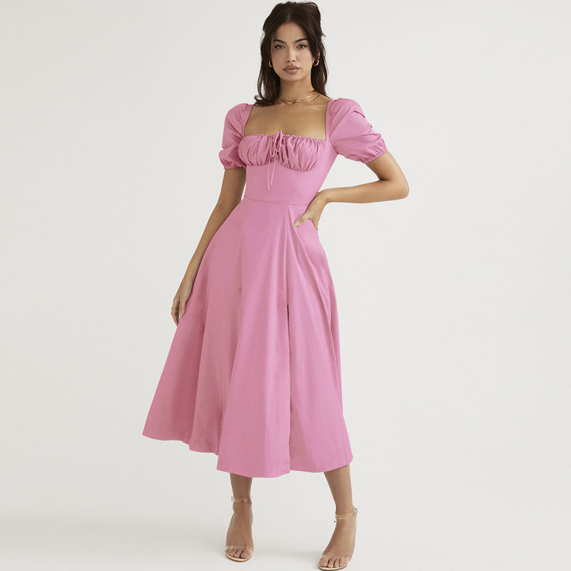 Pink Square Neck Puff Sleeve Tie Front High Split A-Line Midi Dress