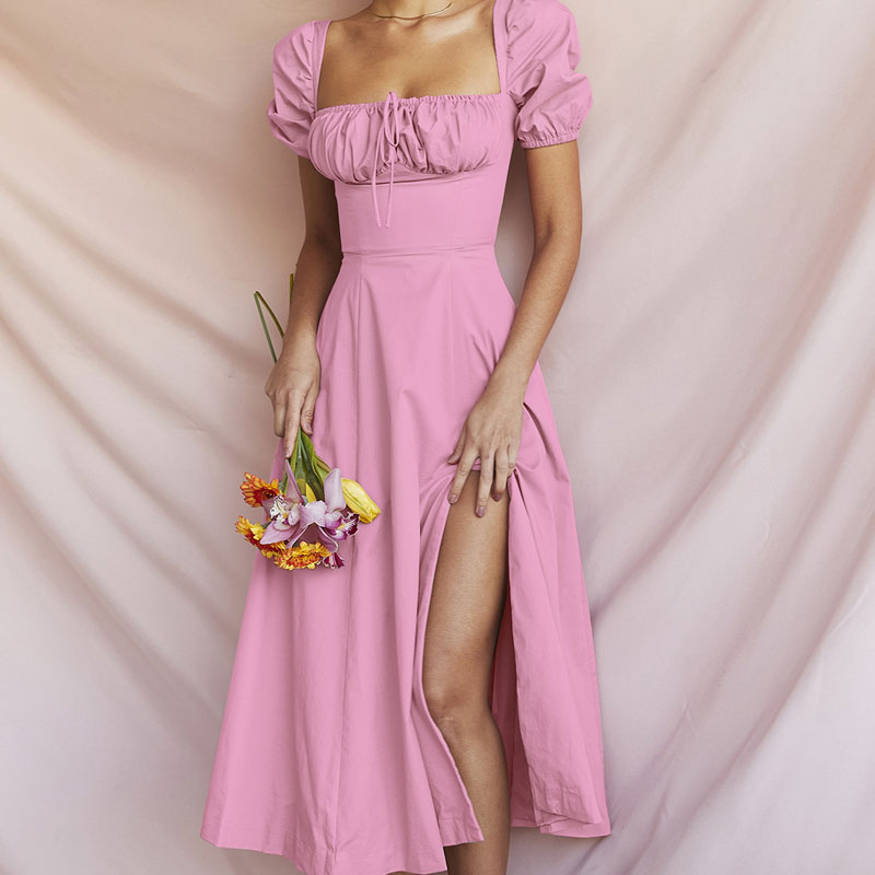 Pink Square Neck Puff Sleeve Tie Front High Split A-Line Midi Dress