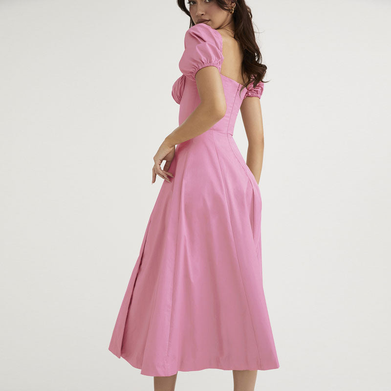 Pink Square Neck Puff Sleeve Tie Front High Split A-Line Midi Dress