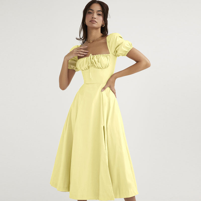Yellow Square Neck Puff Sleeve Tie Front High Split A-Line Midi Dress
