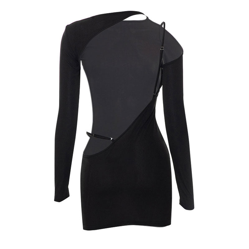 Black Ribbed Long Sleeve Backless Cutout Bodycon Mini Dress