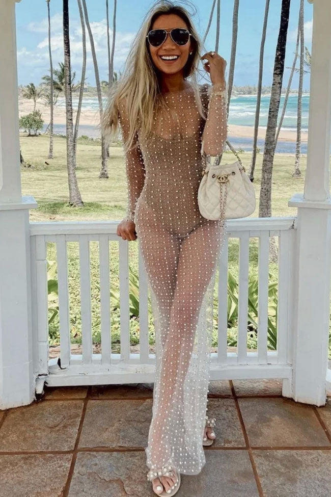 Nude Round Neck Long Sleeve Pearl Embellished Split Sheer Mesh Maxi Dress