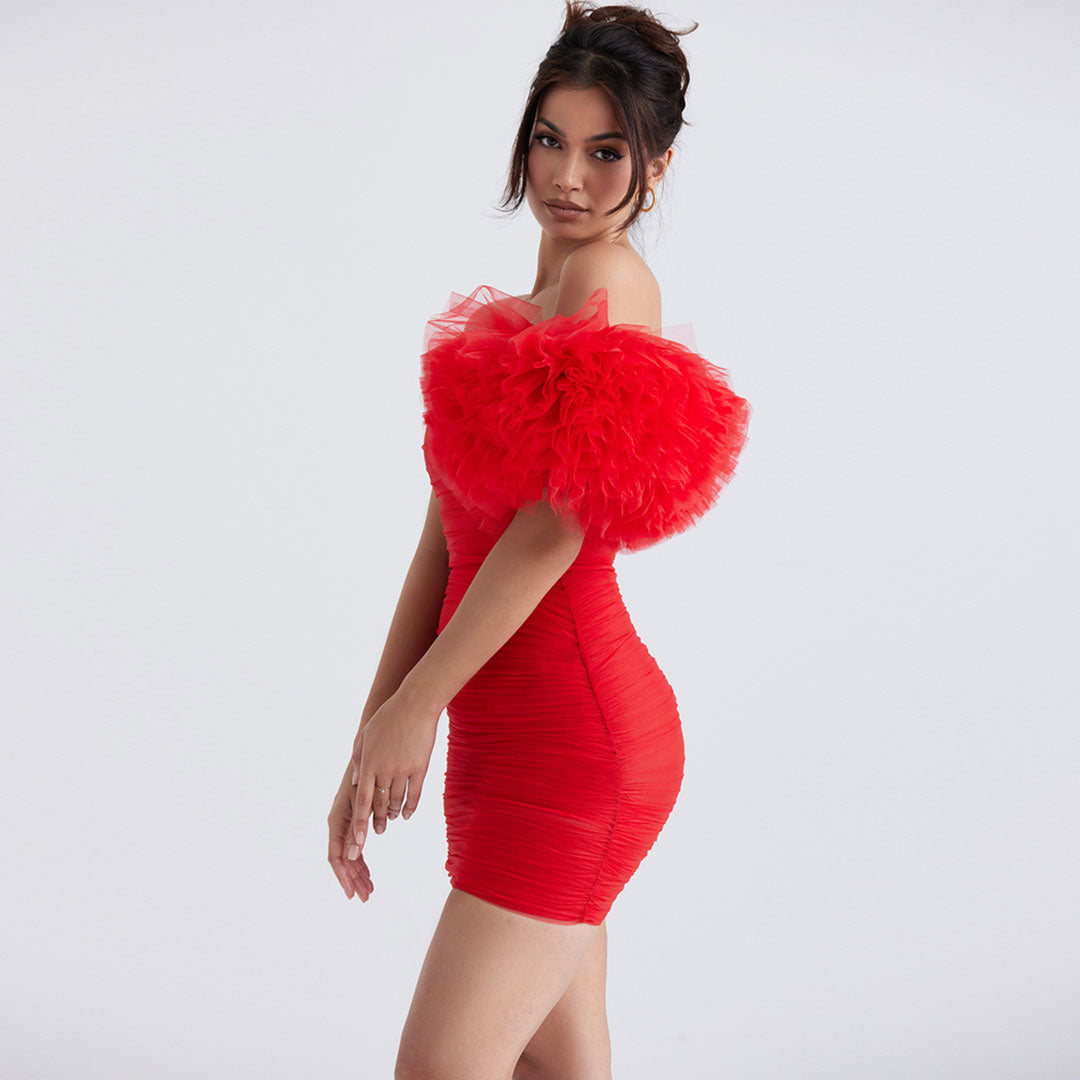 Red Strapless Ruched Tulle Ruffle Trim Bodycon Mini Dress
