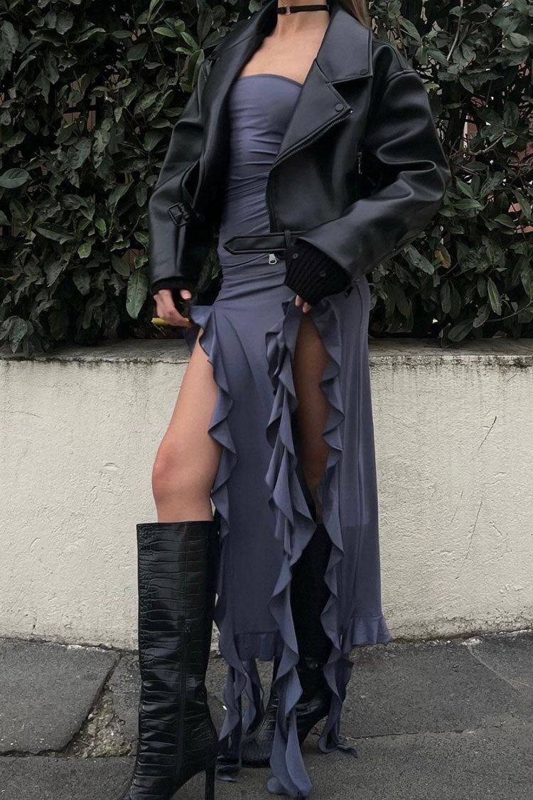 Gray Strapless Ruched Ruffle Trim Bodycon Mermaid Maxi Dress