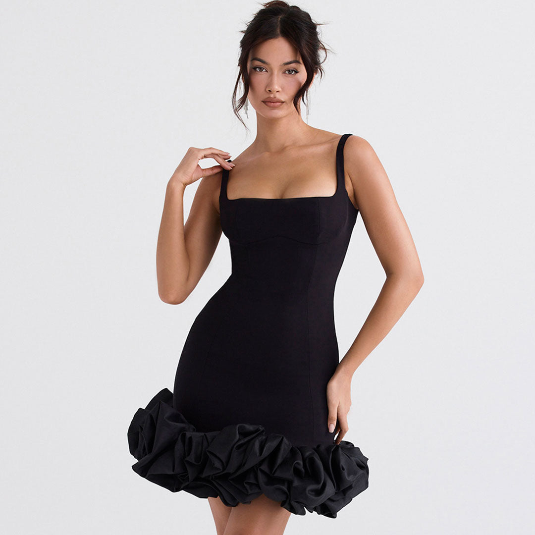 Black Square Neck Sleeveless Ruffle Hem Bodycon Mini Dress