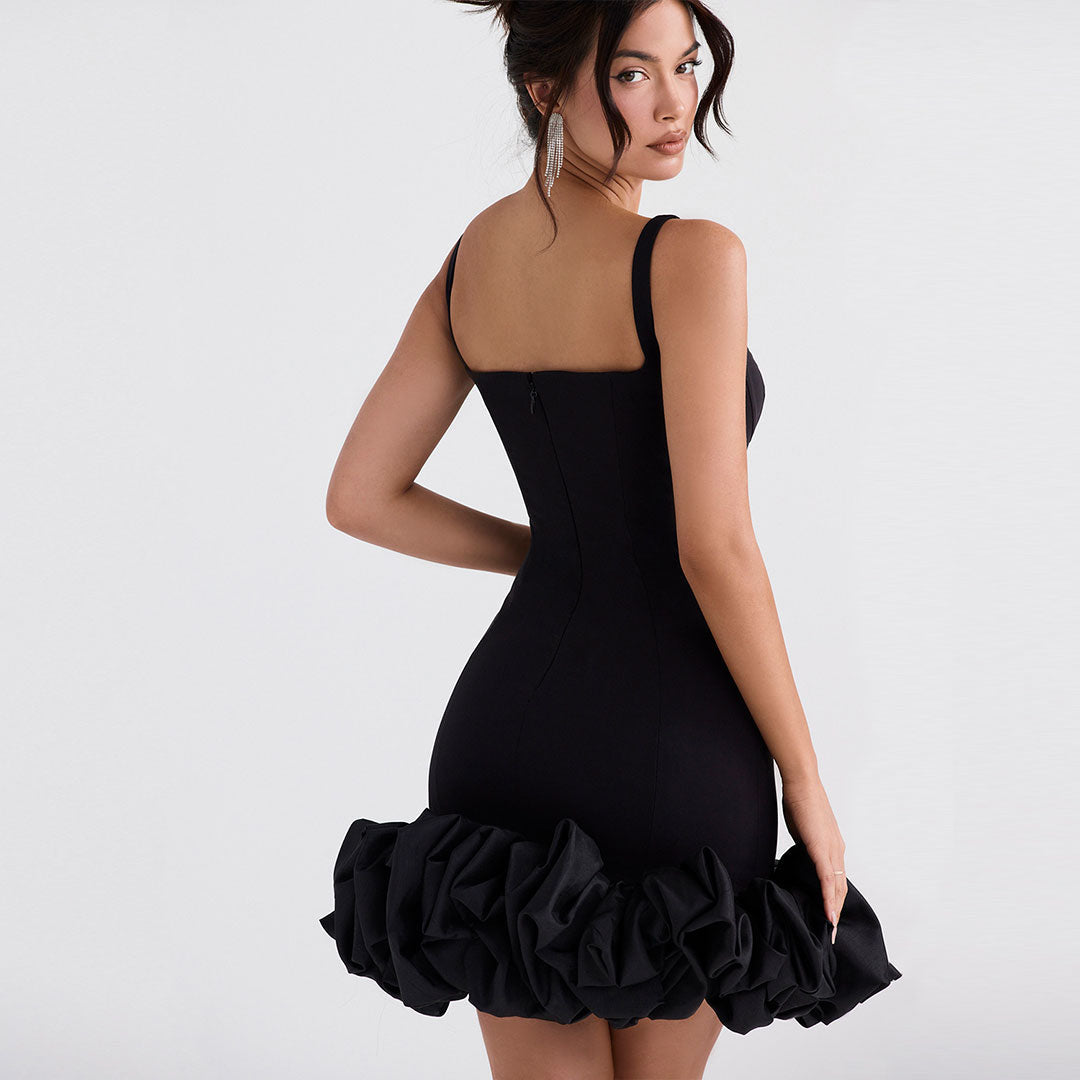 Black Square Neck Sleeveless Ruffle Hem Bodycon Mini Dress