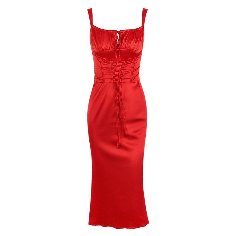 Red Tie Strap Ruched Lace Up Corset Fishtail Midi Dress