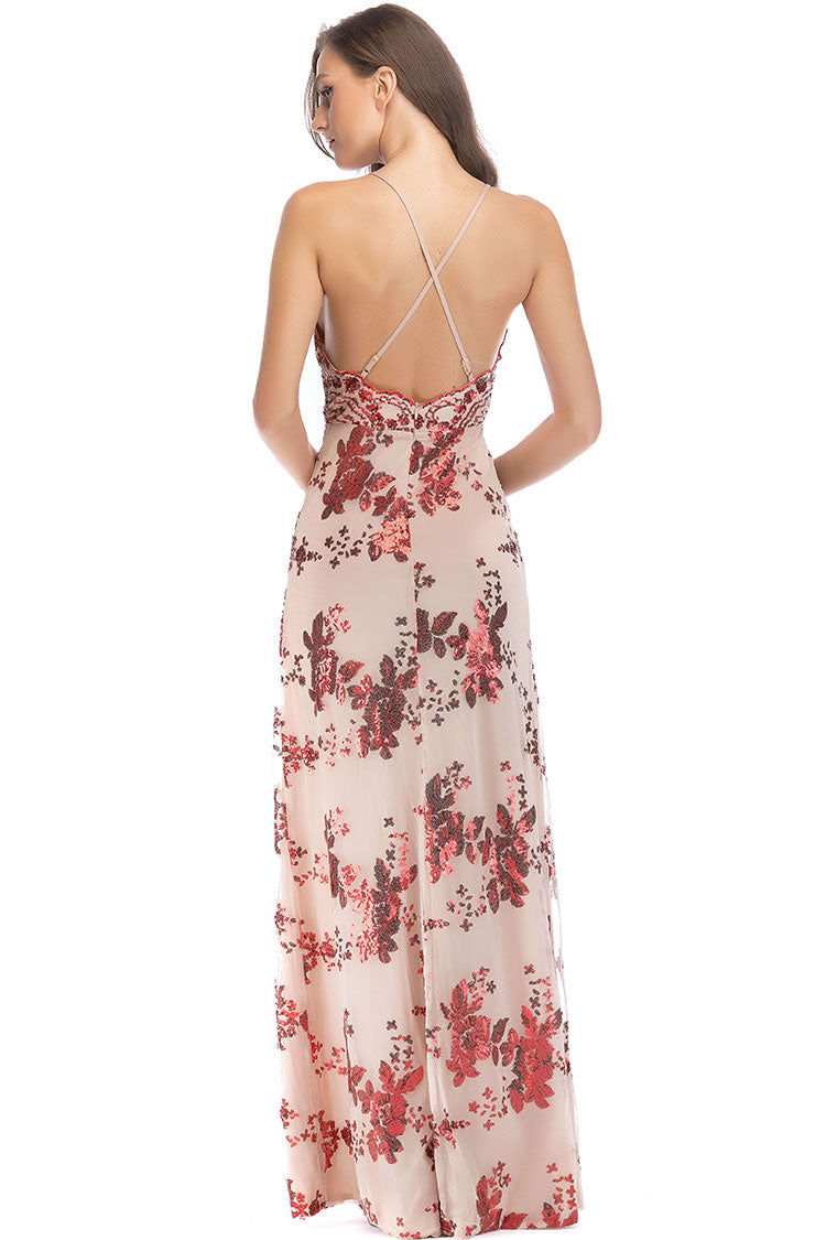 Red Scalloped Spaghetti Strap Sequin Lace Double Slit Maxi Dress