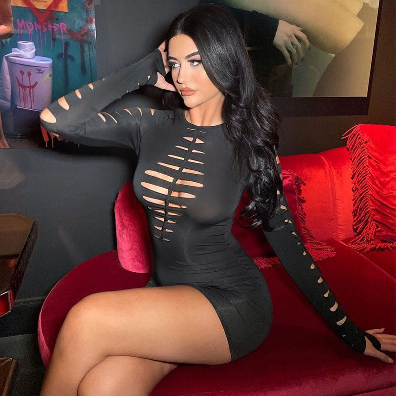 Black Crew Neck Slashed Ladder Cutout Long Sleeve Bodycon Mini Dress