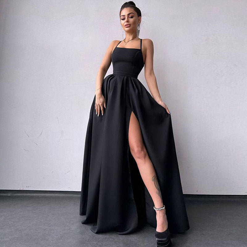 Black Square Neck Lace-Up Back High Slit A-Line Maxi Gown