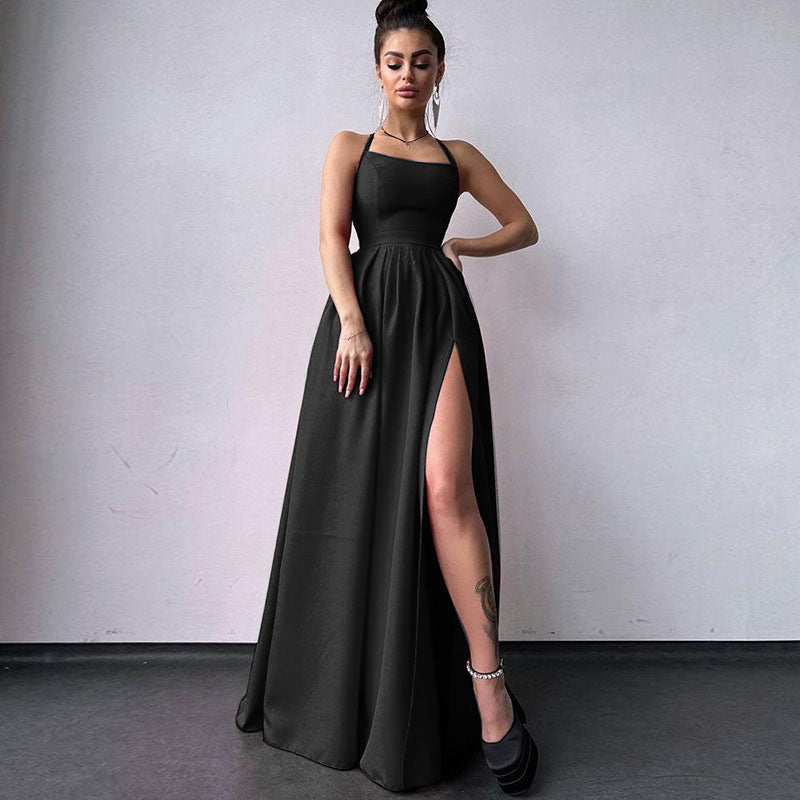 Black Square Neck Lace-Up Back High Slit A-Line Maxi Gown