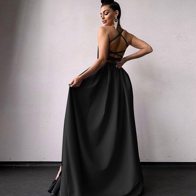 Black Square Neck Lace-Up Back High Slit A-Line Maxi Gown