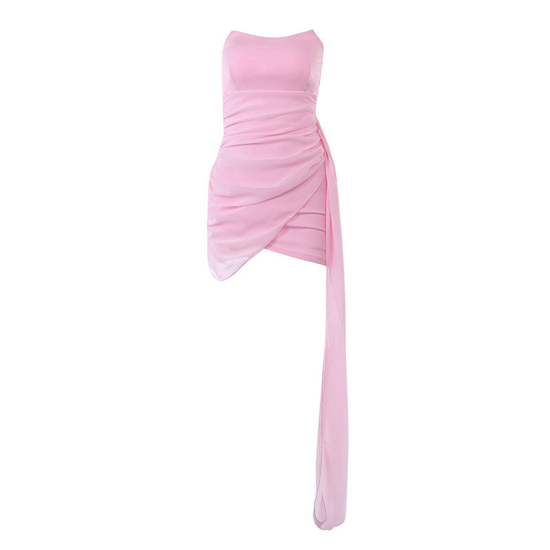 Pink Purple Strapless Ruched Satin High Slit Draped Maxi Gown