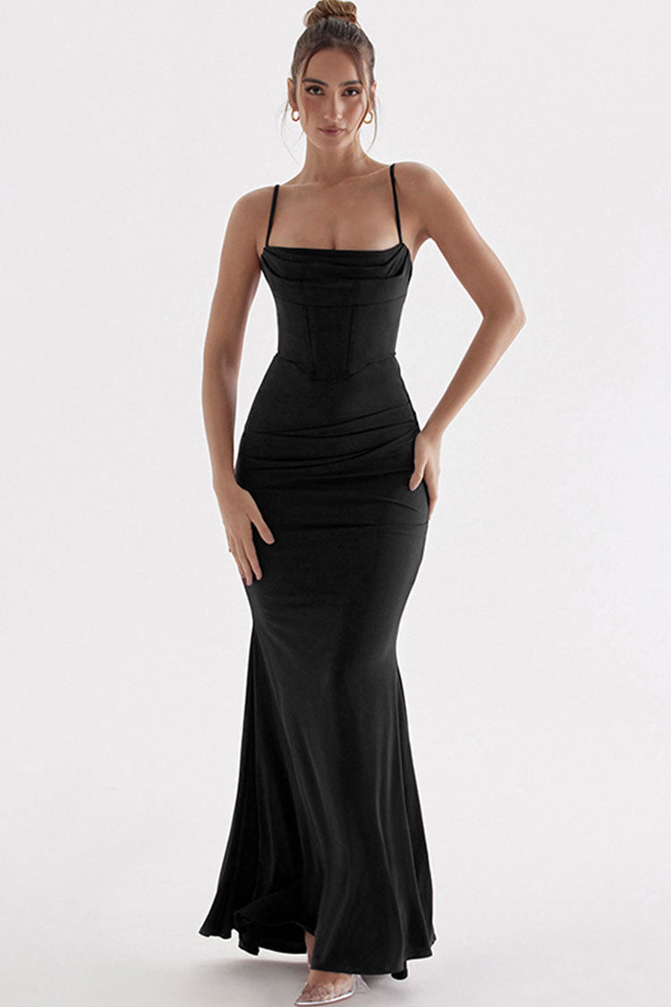Black Spaghetti Strap Corset Ruched Fishtail Mermaid Maxi Dress