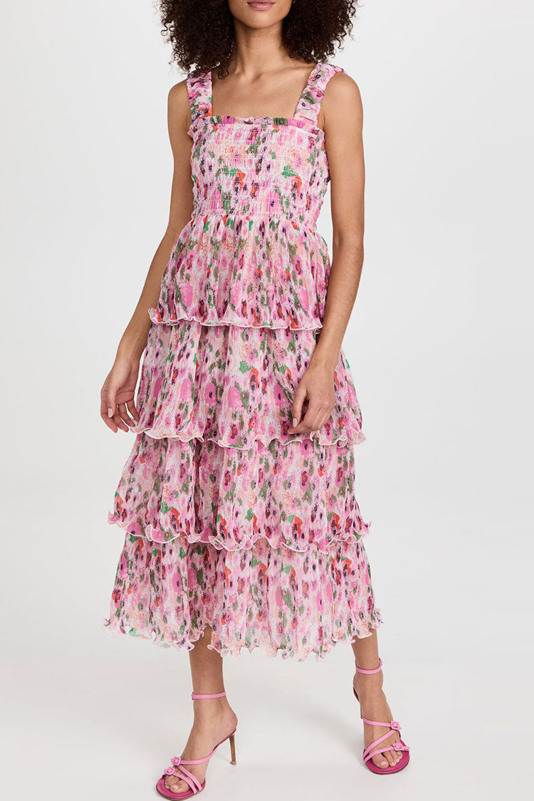 Pink Square Neck Smocked Floral Print Tiered Ruffle A-Line Midi Sundress