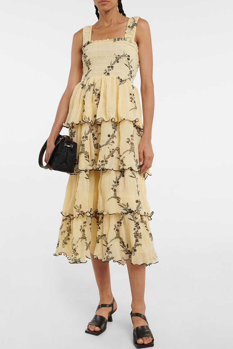 Yellow Square Neck Smocked Floral Print Tiered Ruffle A-Line Midi Sundress