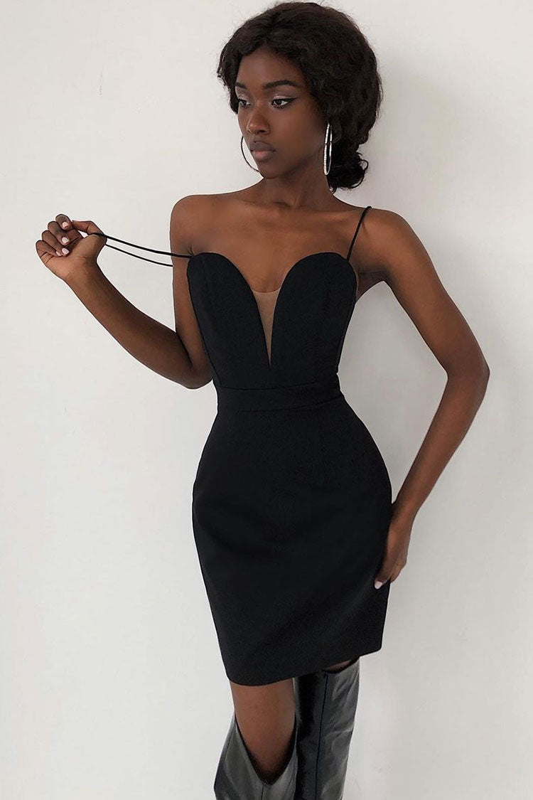 Black Sweetheart Plunge Spaghetti Strap Illusion Bodycon Mini Dress