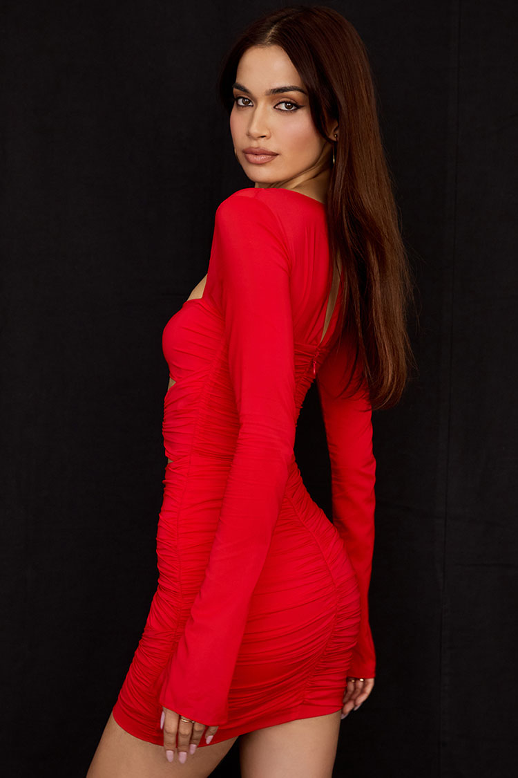 Red Sweetheart Long Sleeve Ruched Cutout Bodycon Mini Dress