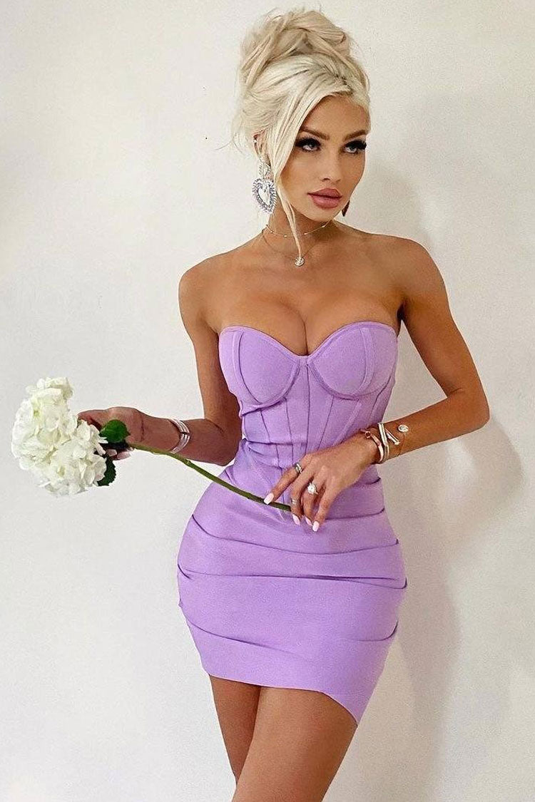 Purple Sweetheart Strapless Corset Ruched Bandage Bodycon Mini Dress