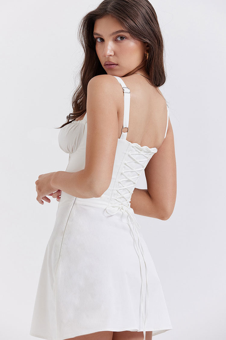 White Sweetheart Tie Front Corset Fit And Flare Mini Dress