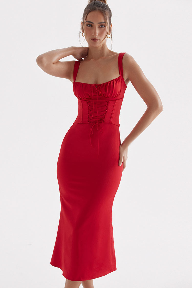 Red Sweetheart Lace Up Corset Satin Bodycon Midi Dress