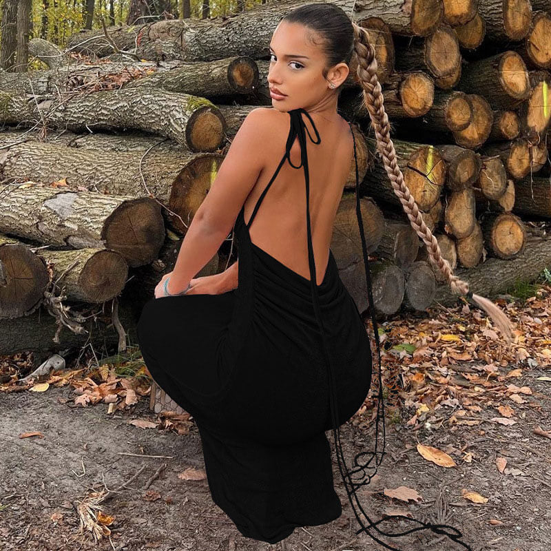 Black Tie Shoulder Backless Ruched Bodycon Maxi Dress