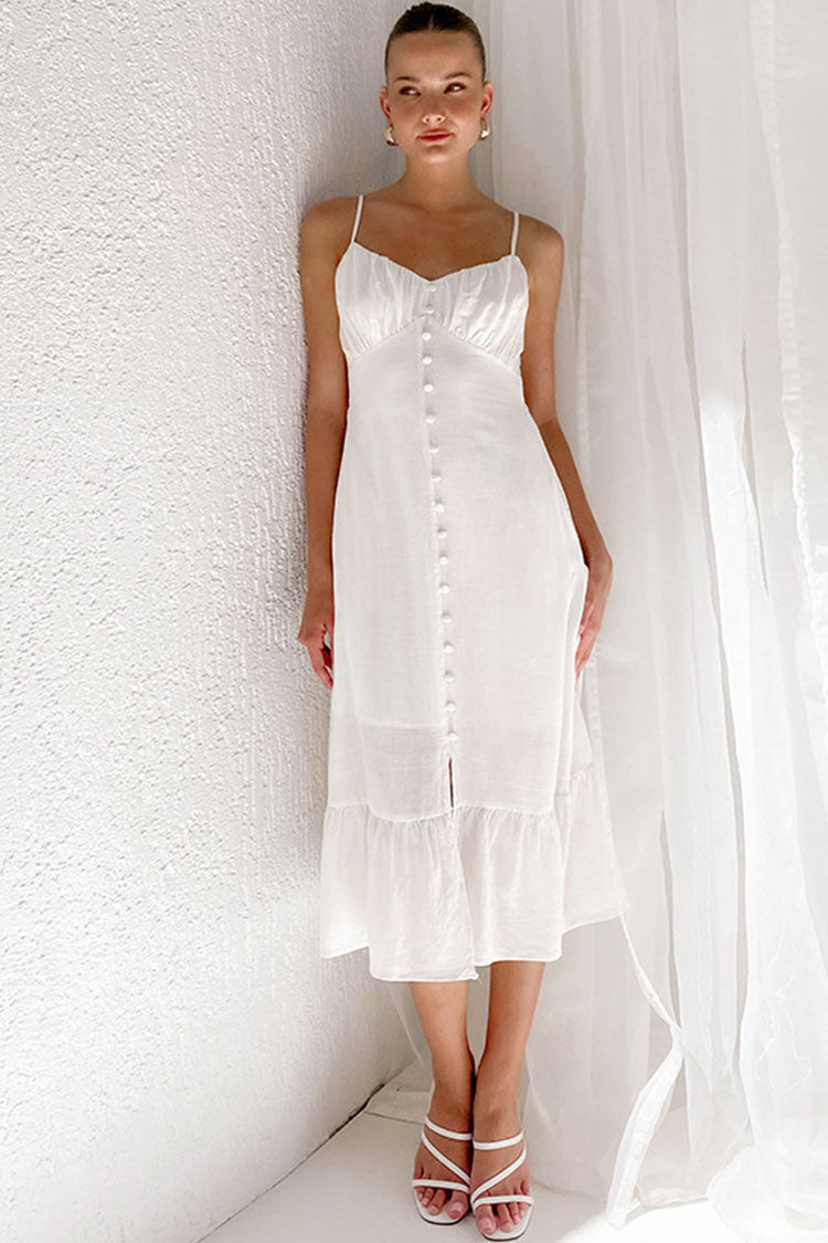 White Spaghetti Strap V-Neck Button Front Ruffle Hem Linen Slip Midi Dress
