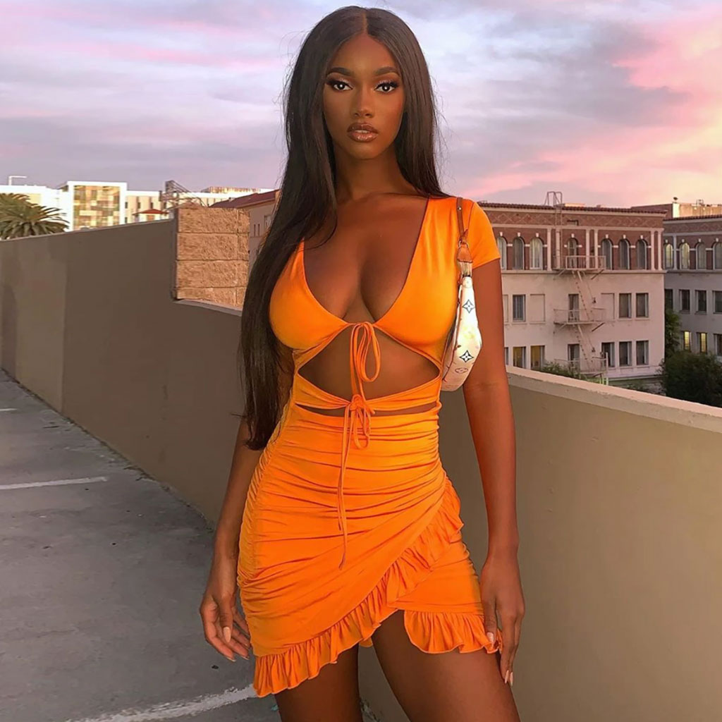 Orange Plunge V-Neck Short Sleeve Tie Front Cutout Ruffle Mini Dress