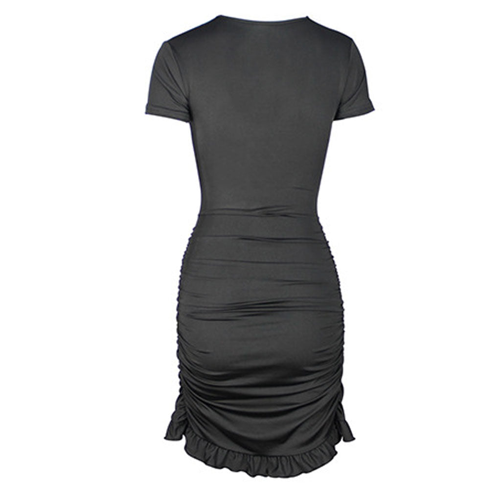 Black Plunge V-Neck Short Sleeve Tie Front Cutout Ruffle Mini Dress