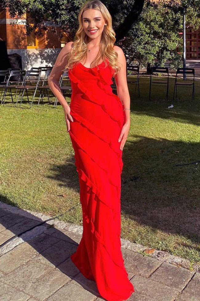 Red Spaghetti Strap V-Neck Diagonal Ruffle Chiffon Slip Maxi Gown
