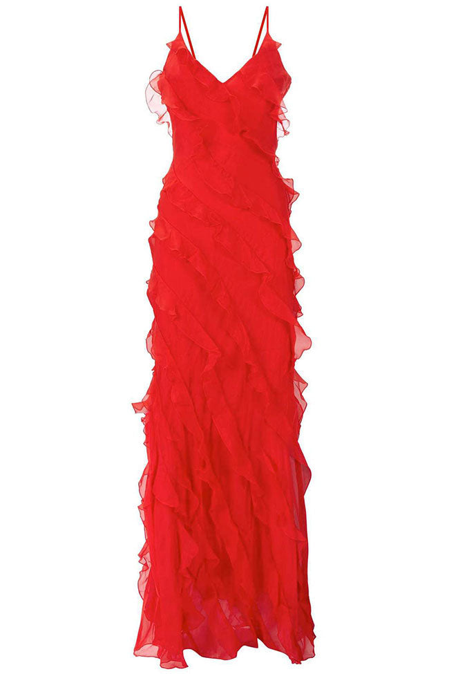 Red Spaghetti Strap V-Neck Diagonal Ruffle Chiffon Slip Maxi Gown
