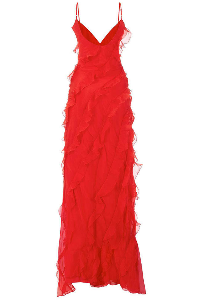 Red Spaghetti Strap V-Neck Diagonal Ruffle Chiffon Slip Maxi Gown