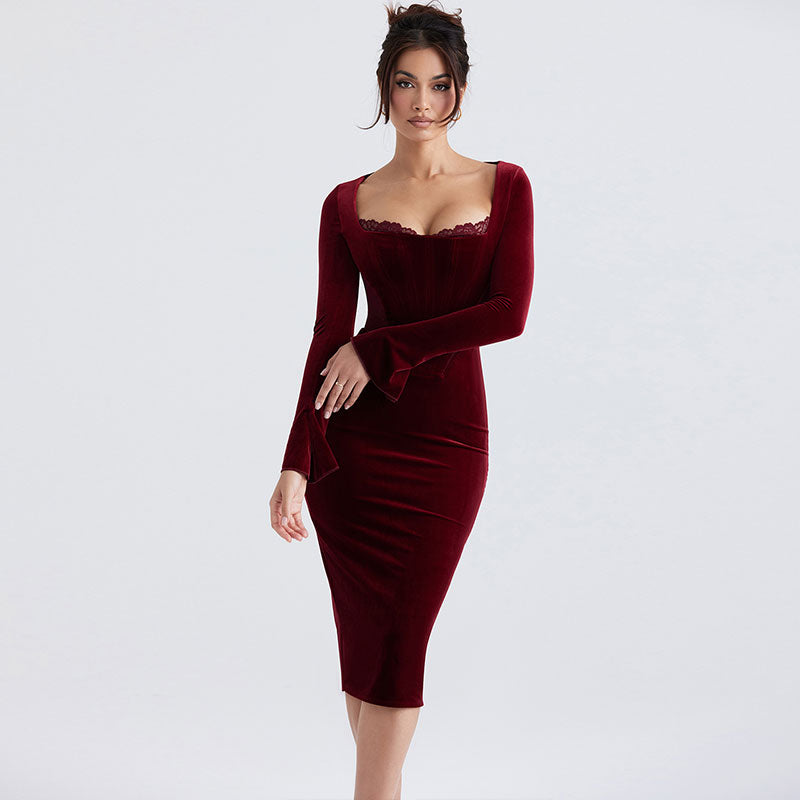Burgundy Square Neck Lace Trim Velvet Long Sleeve Corset Bodycon Midi Dress