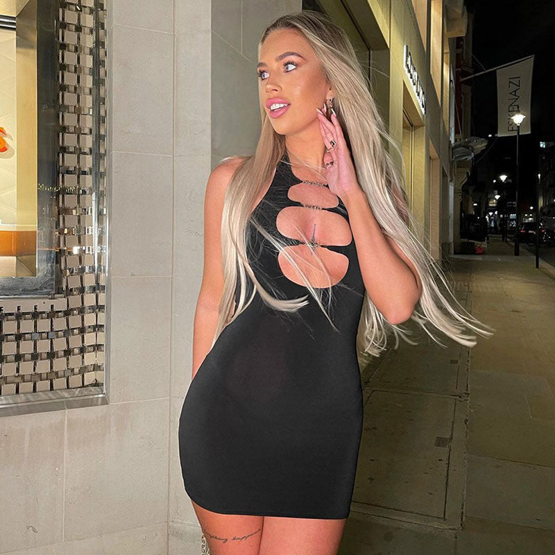 Black High Neck Chain Cutout Sleeveless Bodycon Mini Dress
