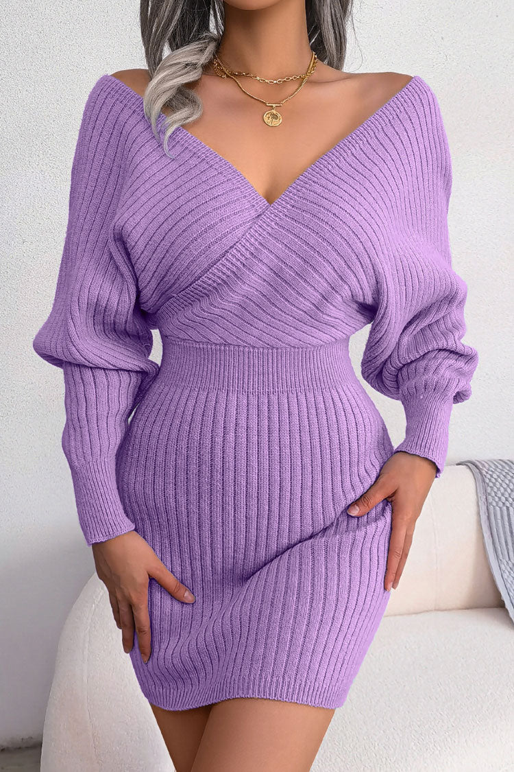 Purple Off-Shoulder V-Neck Dolman Sleeve Rib Knit Sweater Mini Dress