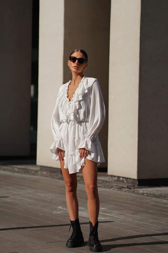 Ingrid Exclusive V Neck Ruffle Mini Dress Boutique Collection