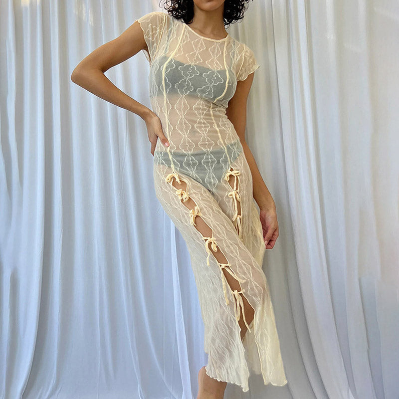 Apricot Crew Neck Sheer Lace Cap Sleeve Bow Side Slit Midi Dress