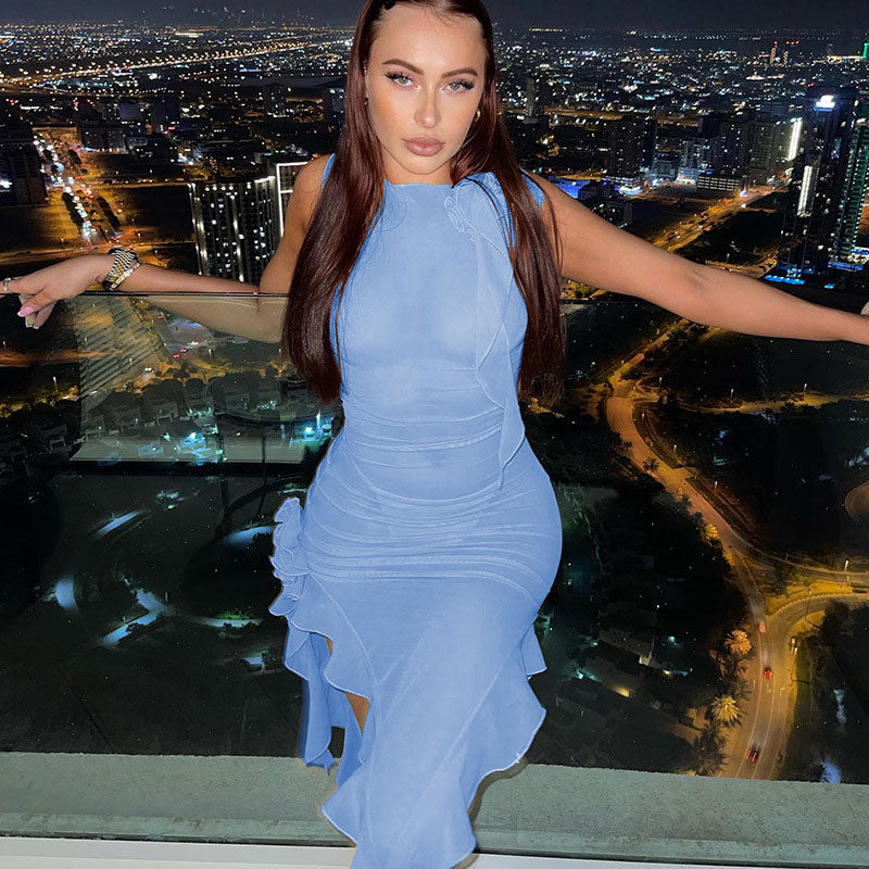 Blue Round Neck Sleeveless Rosette Ruffle Trim Asymmetric Bodycon Midi Dress