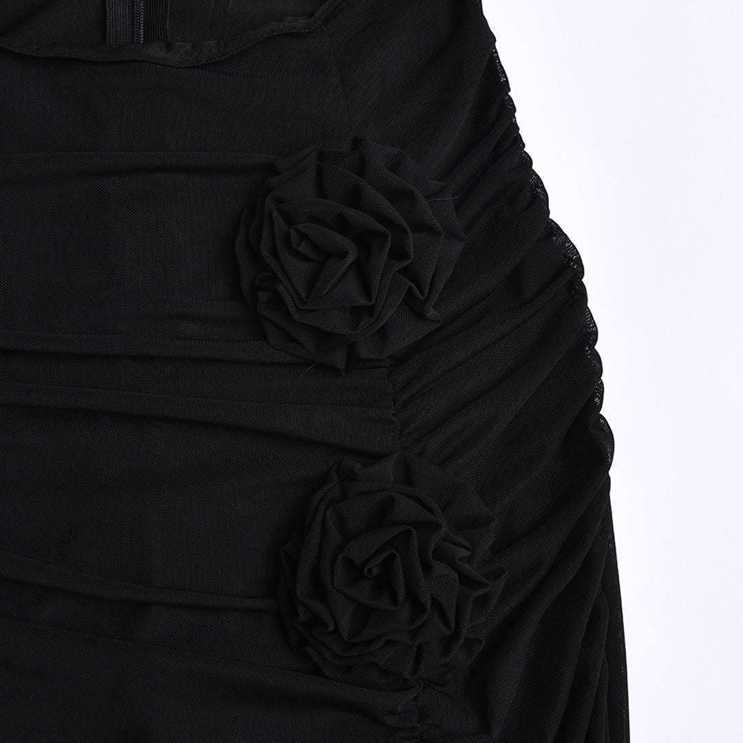 Black Halter Neck Rosette Trim Cutout High Slit Maxi Dress